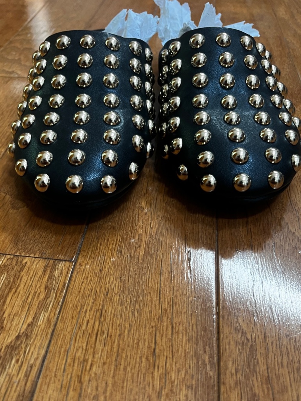 Studded Black Slip-On Mules with Gold Accents - Picture 3 of 13